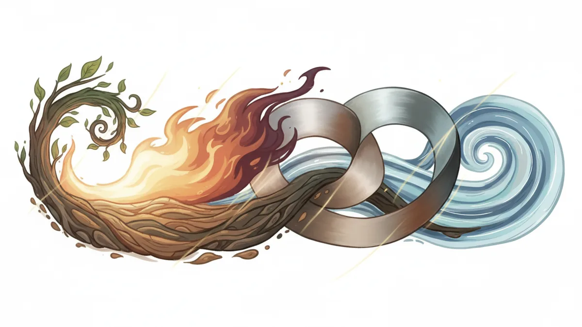 Abstract illustration of the five elements—wood, fire, earth, metal, water—flowing together in harmony, representing natural energy patterns.